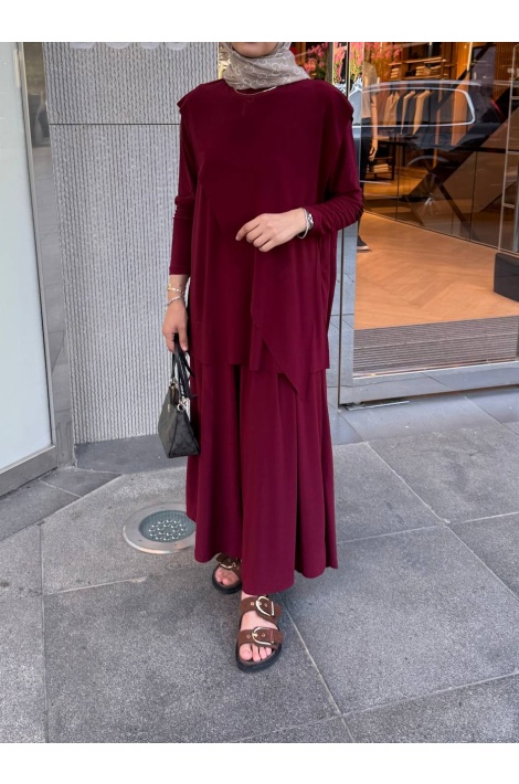 Bordo Asimetrik Pantalonlu Takım