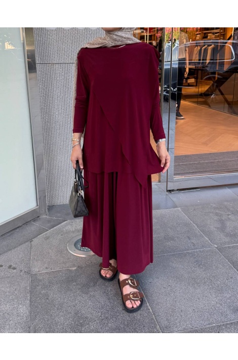 Bordo Asimetrik Pantalonlu Takım