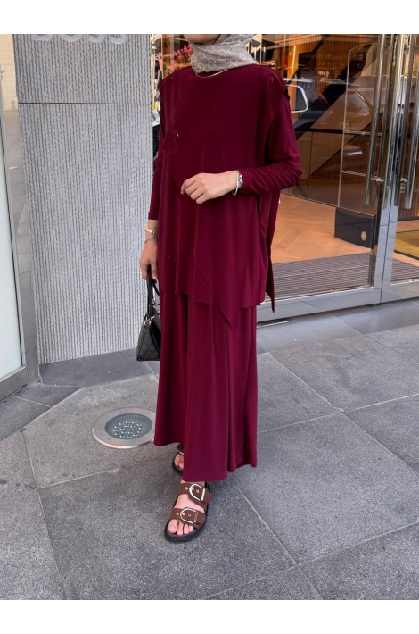 Bordo Asimetrik Pantalonlu Takım