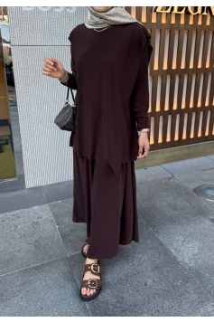 Kahverengi Asimetrik Pantalonlu Takım