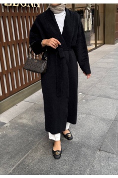 Siyah Uzun Kuşaklı Angora Hırka