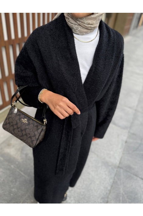 Siyah Uzun Kuşaklı Angora Hırka