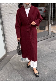 Bordo Uzun Kuşaklı Angora Hırka