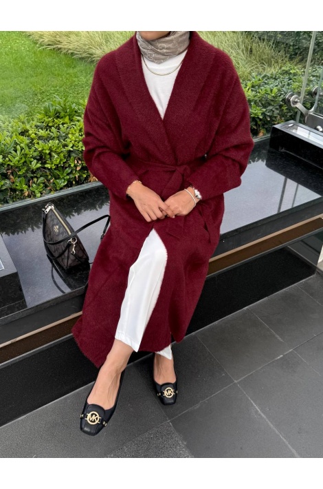 Bordo Uzun Kuşaklı Angora Hırka