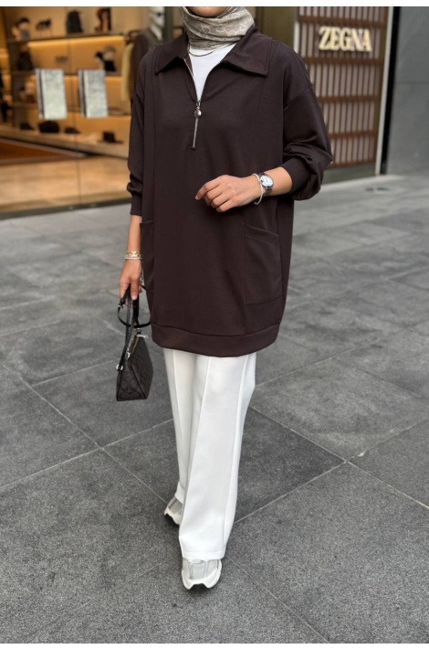 Kahverengi Fermuarlı Oysho Tunik