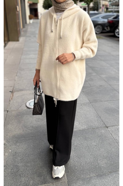 Ekru Fermuarlı Angora Kap