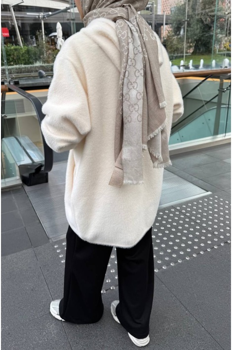 Ekru Fermuarlı Angora Kap