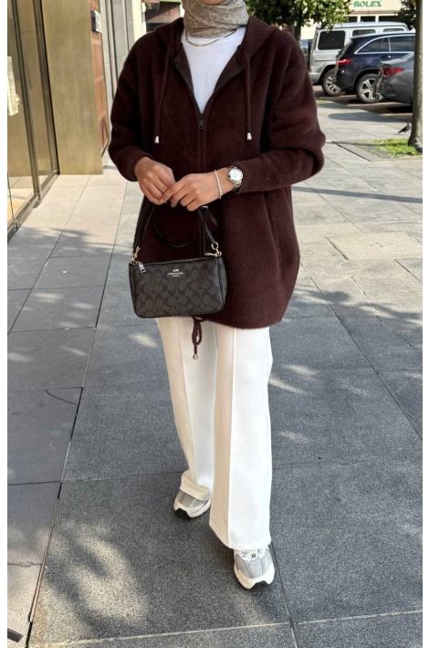 Kahverengi Fermuarlı Angora Kap