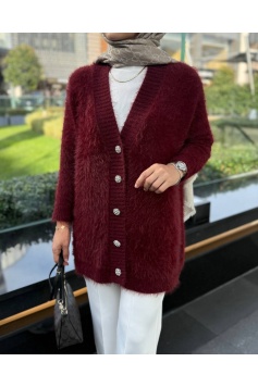 Taş Düğmeli Bordo Angora Hırka
