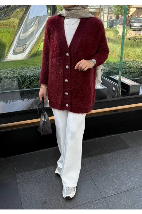Taş Düğmeli Bordo Angora Hırka