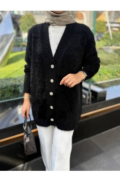 Taş Düğmeli Siyah Angora Hırka