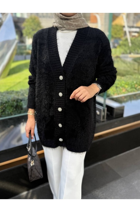 Taş Düğmeli Siyah Angora Hırka