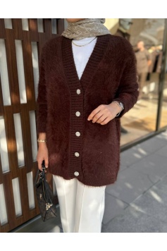 Taş Düğmeli Kahverengi Angora Hırka