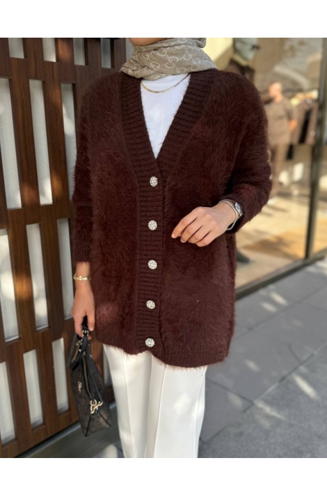 Taş Düğmeli Kahverengi Angora Hırka