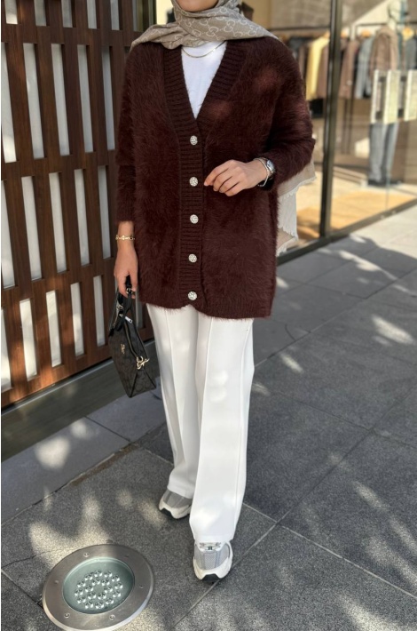 Taş Düğmeli Kahverengi Angora Hırka