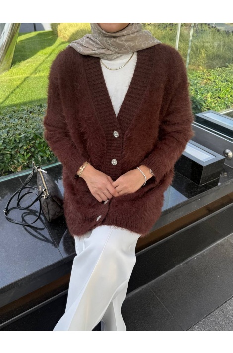 Taş Düğmeli Kahverengi Angora Hırka