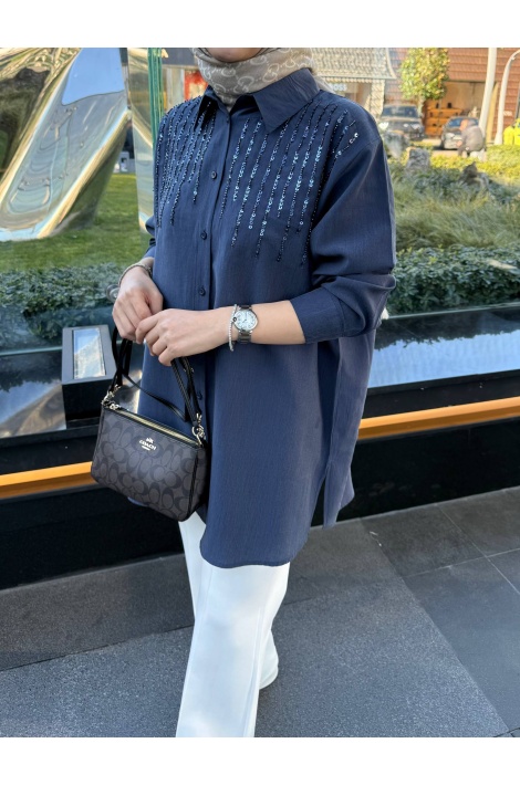 Lacivert Pul işlemeli tensel gömlek