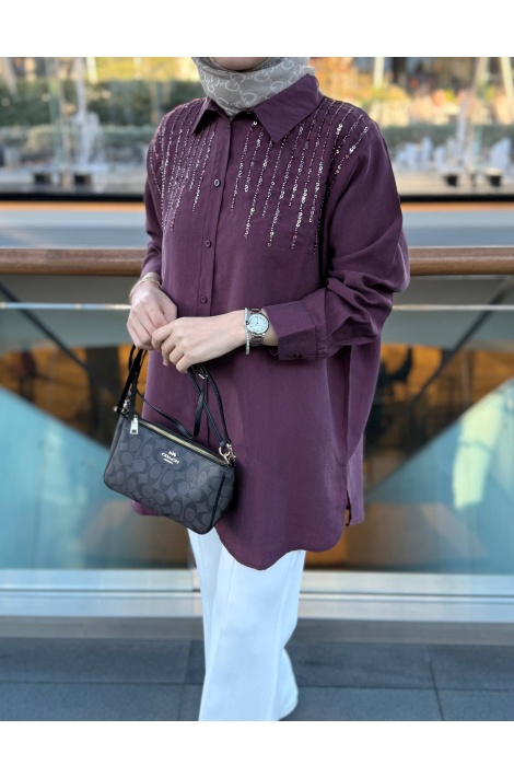 Mürdüm Pul İşlemeli Tensel Gömlek