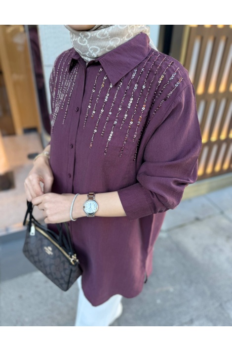 Mürdüm Pul İşlemeli Tensel Gömlek