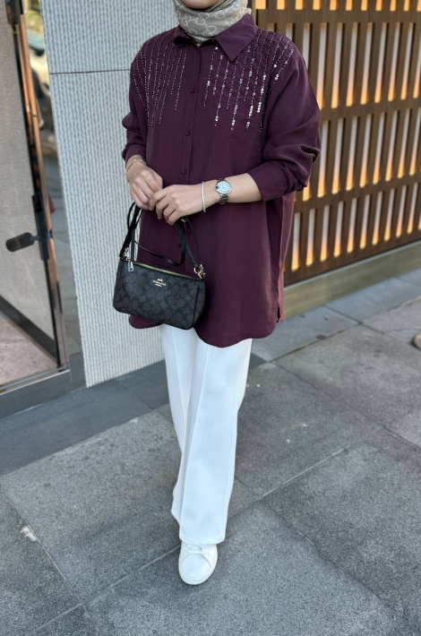 Mürdüm Pul İşlemeli Tensel Gömlek