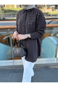 Kahverengi Pul İşlemeli Tensel Gömlek