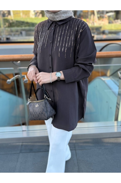 Kahverengi Pul İşlemeli Tensel Gömlek