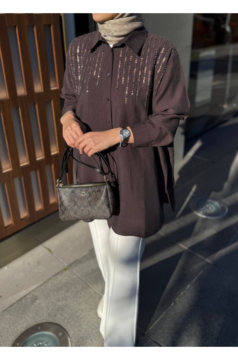 Kahverengi Pul İşlemeli Tensel Gömlek