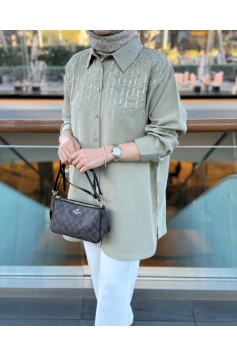 Yeşil Pul İşlemeli Tensel Gömlek