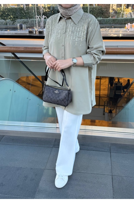 Yeşil Pul İşlemeli Tensel Gömlek