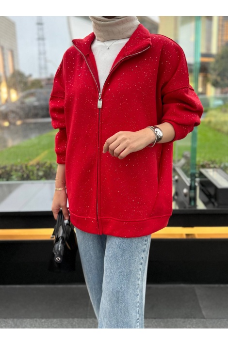 Kırmızı Simli Fermuarlı Sweat