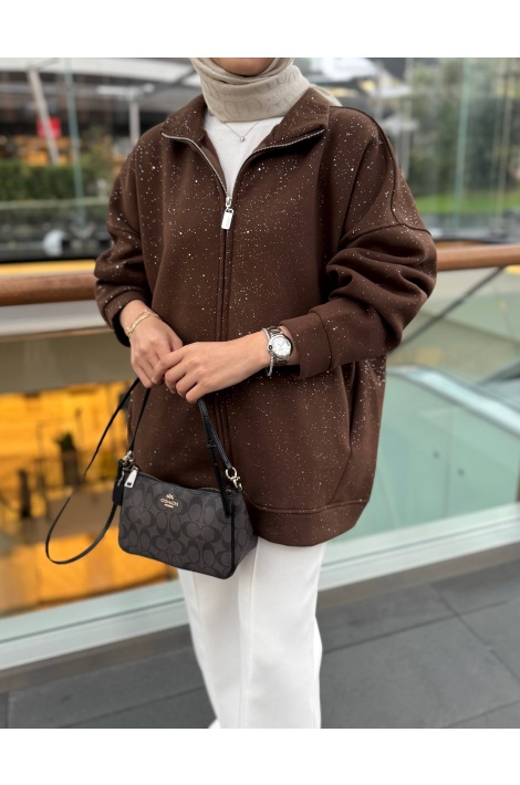 Kahve Simli Fermuarlı Sweat