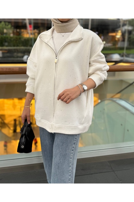 Beyaz Simli Fermuarlı Sweat