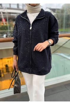 Lacivert Simli Fermuarlı Sweat