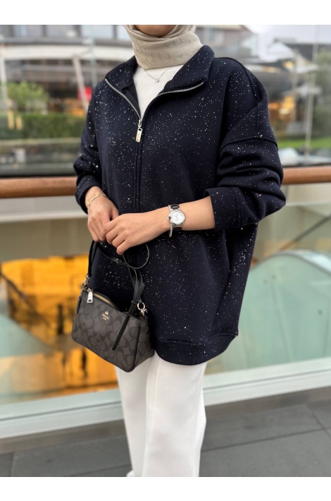 Lacivert Simli Fermuarlı Sweat